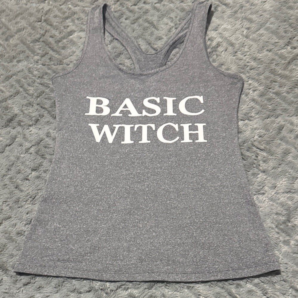 Gray Tank Top with 'Basic Witch' Print